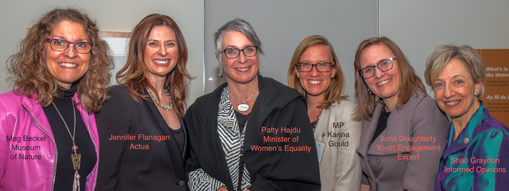 "Ignite" presenters at the March 9th Women Making Change Soireé included Meg Beckel, CEO of the Museum of Nature; Jennifer Flanagan, CEO of Actua; youth engagement expert, Ilona Dougherty; and Informed Opinions' founder and catalyst, Shari Graydon, seen here with Minister of Women's Equality, Patty Hajdu, and MP Karina Gould, who also spoke at the event.