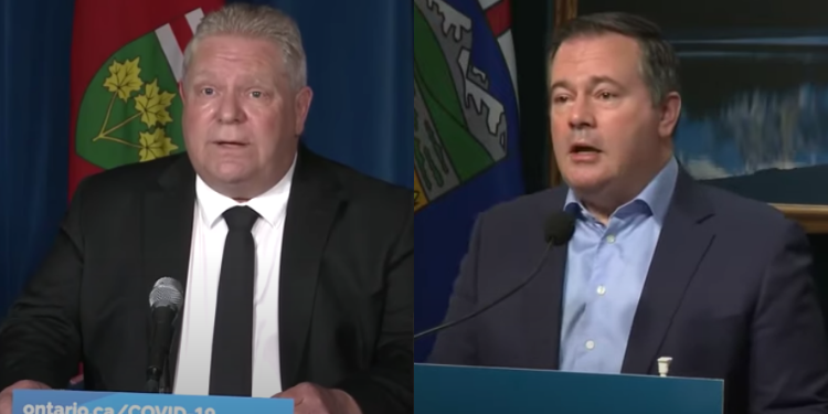 Side-by-side images of Ontario Premier Doug Ford and Alberta Premier Jason Kenney both speaking at lecterns