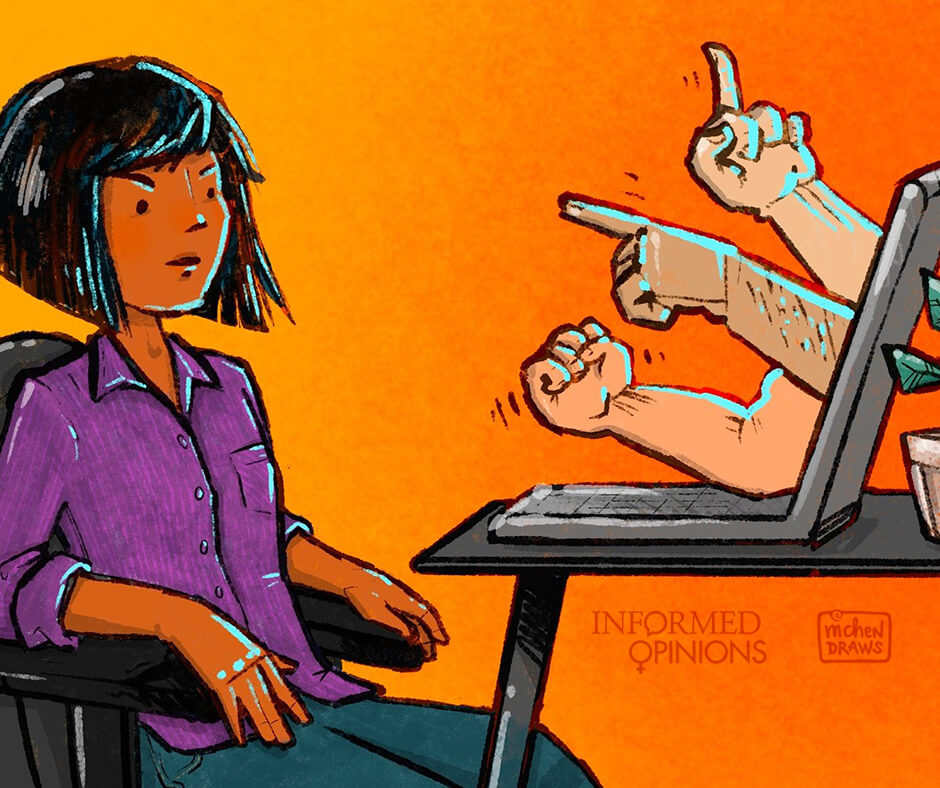 Hand drawn image of a woman sitting in front of a computer with three arms coming from the screen; one hand has the middle finger raised, another is pointing at her and the third a fist