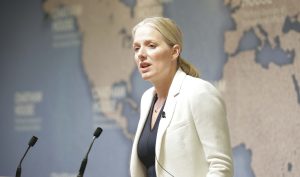 Catherine McKenna MP Minister of Environment and Climate Change Canada speaking at podium at Climate Change 2017