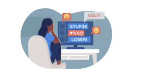 Graphic of upset woman with her head in her hands sitting at a computer with hateful messages coming out of the screen